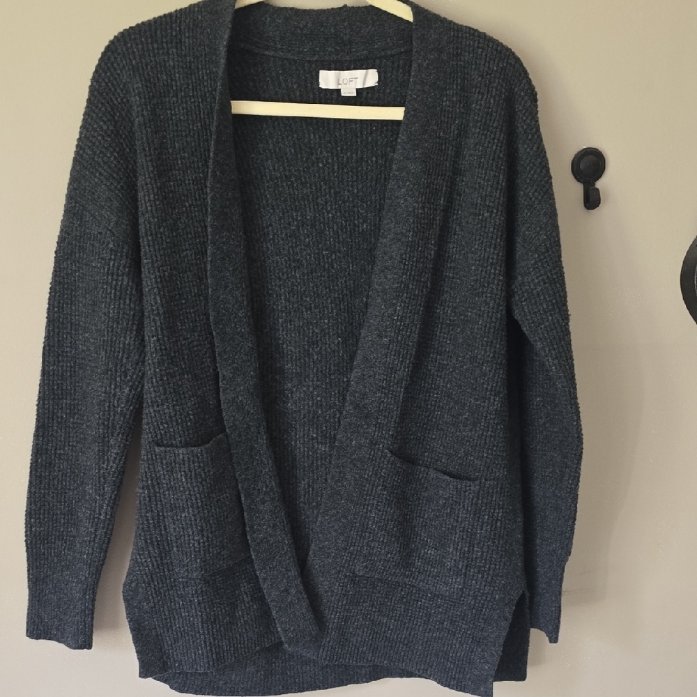 LOFT Gray Cardigan Sweater Open Front Knit